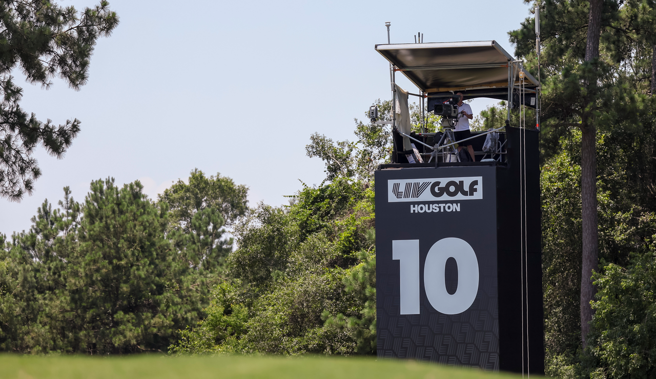 A camera overlooking the 10th green at LIV Golf Houston