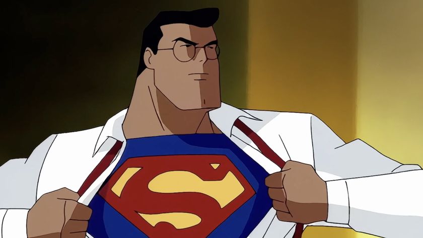 As seen in Superman: The Animated Series, Clark Kent changes into Superman and reveals his S. 