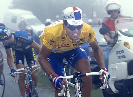 Miguel Indurain as race-leader on stage 11 of the 1994 Tour de France from Cahors to Hautacam. (Photo by Graham Watson/Getty Images)