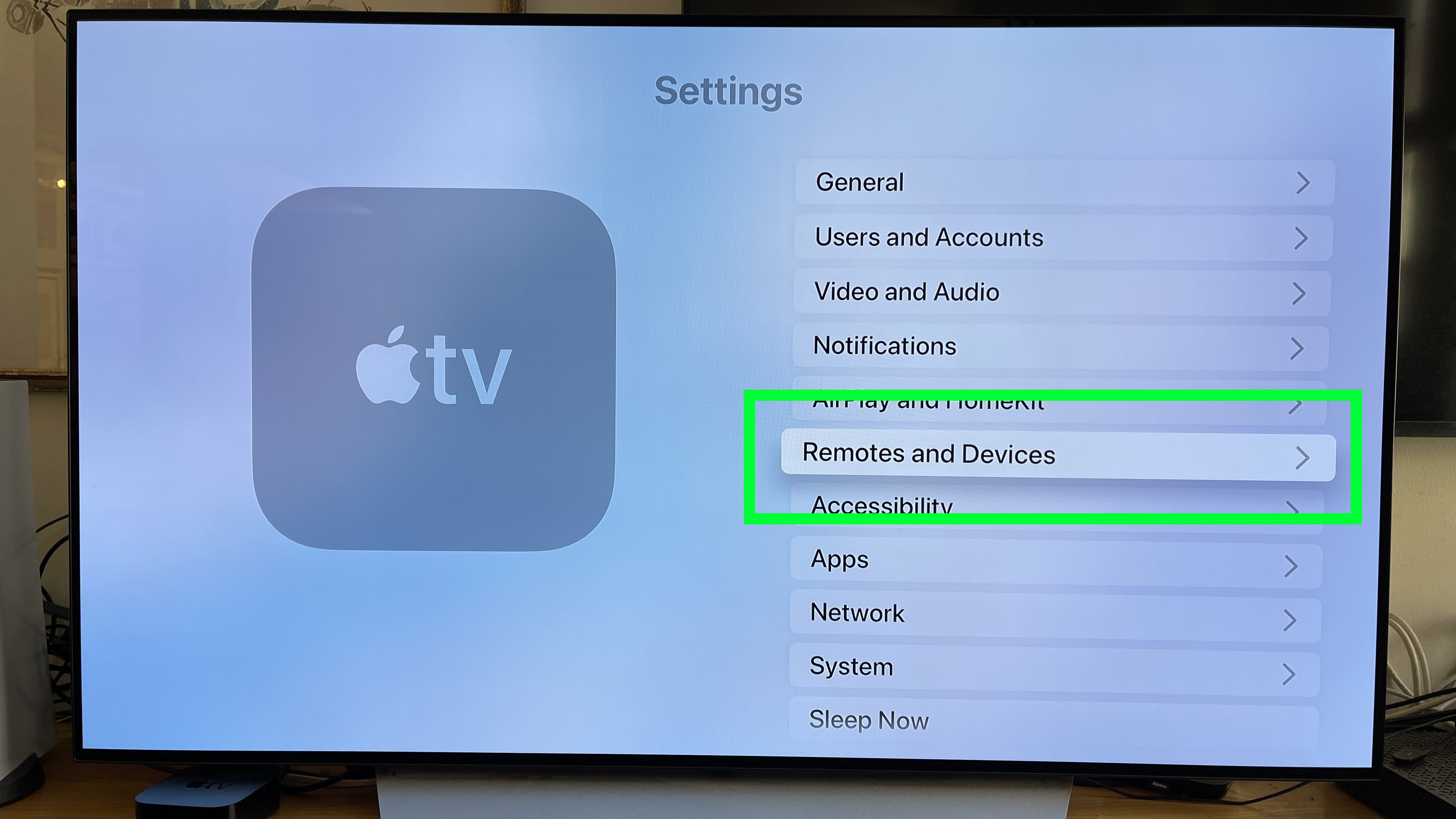 Remote controls and devices are highlighted in the Apple TV Settings app