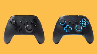 The PowerA OPS v1 Wireless Controller and the PowerA OPS v3 Pro Wireless Controller on a yellow background.