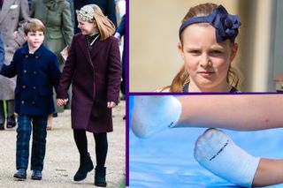 Mia Tindall wearing a headband holding hands with Prince Louis, split screen, Mia tindall blue flower headband at Easter service and Mia Tindall's personalised socks