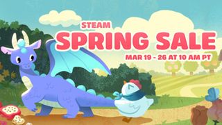 A screenshot of the Steam Spring sale 2026 banner, featuring a blue dragon and a cartoon chicken pulling on its tail. 