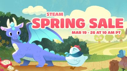 A screenshot of the Steam Spring sale 2026 banner, featuring a blue dragon and a cartoon chicken pulling on its tail. 