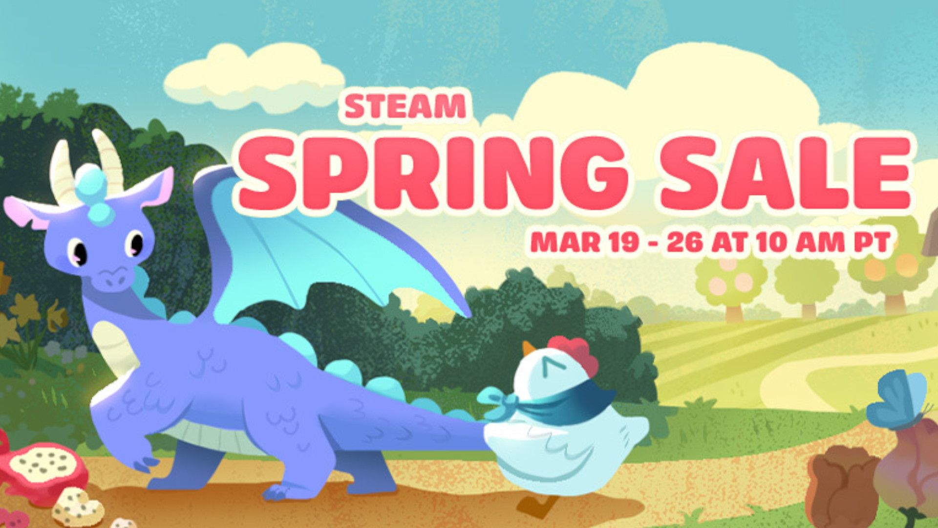 A screenshot of the Steam Spring sale 2026 banner, featuring a blue dragon and a cartoon chicken pulling on its tail. 