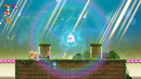 A screenshot from Super Mario Bros. Wonder Nintendo Switch 2 Edition showing Mario finding a Bellabel Flower