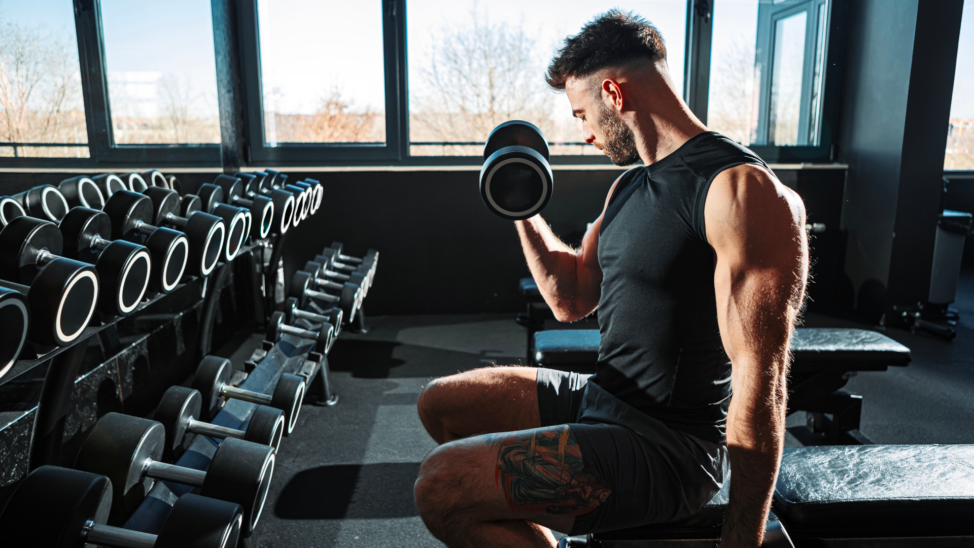 a man performing bicep curls in the gym