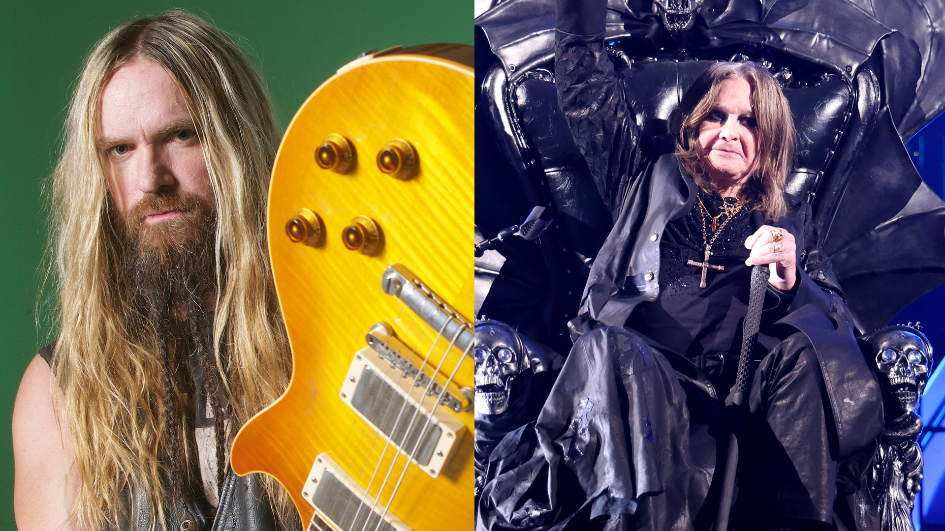 LEFT: (Studio portrait of guitarist Zakk Wylde holding a Gibson Les Paul Standard guitar, Hollywood, California, United States, 19th August 2006. Wylde has played with Black Label Society, Ozzy Osbourne Band, Generation X and Pantera. RIGHT: Ozzy Osbourne speaks onstage during the 2024 Rock & Roll Hall Of Fame Induction Ceremony streaming on Disney+ at Rocket Mortgage Fieldhouse on October 19, 2024 in Cleveland, Ohio.