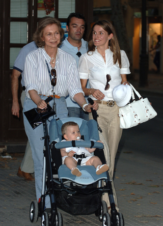 Princess Letizia of Spain with baby Leonor and Queen Sofia of Spain during their summer holiday in Palma de Mallorca on July 21, 2006