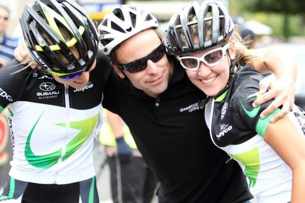 Directeur Sportif, Dave McPartland rode from the pits to the finish to celebrate with his riders