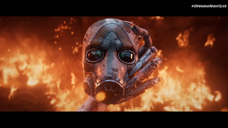 Borderlands 4 Opening Night Live Gamescom 2024 screenshot of a gasmask being held up by a skeletal hand in front of a plume of fire.