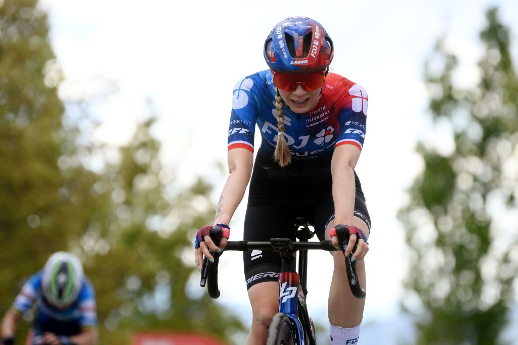 JACA SPAIN MAY 02 Evita Muzic of France and Team FDJ SUEZ crosses the finish line during the 10th La Vuelta Femenina 2024 Stage 5 a 1139km stage from Huesca to Alto del Fuerte Rapitan Jaca 1103m UCIWWT on May 02 2024 in Jaca Spain Photo by Alex BroadwayGetty Images