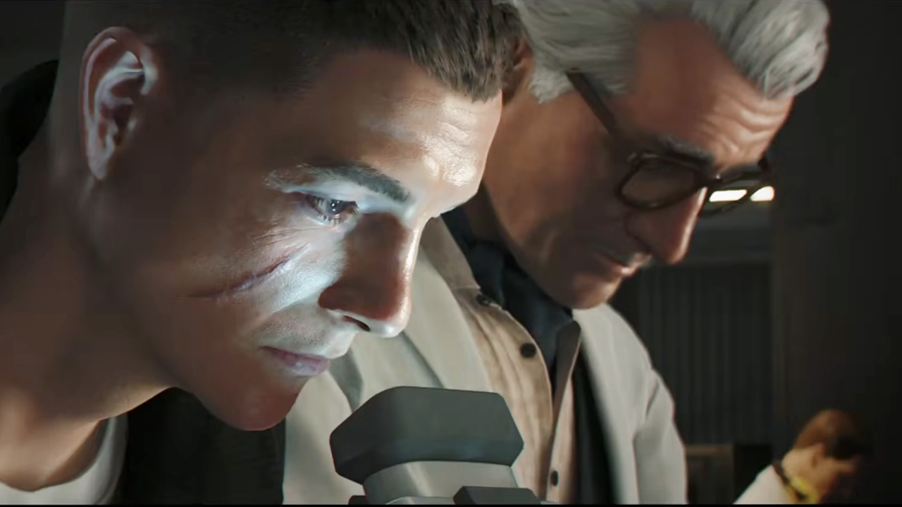 James stands next to Q while they look through a microscope in 007 First Light (2026).