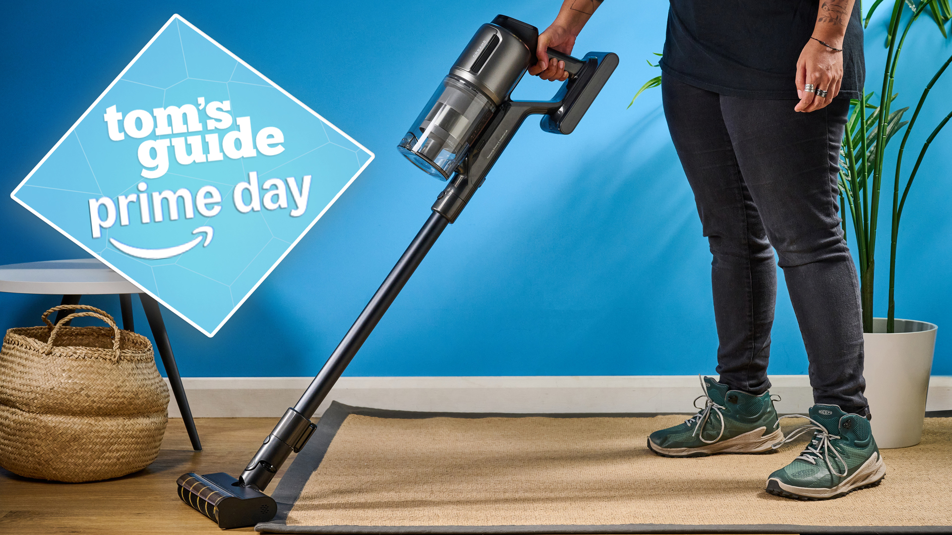 The Dreame Z30 being used to vacuum a floor, with a Tom&#039;s Guide Prime Day deal badge top left of the image