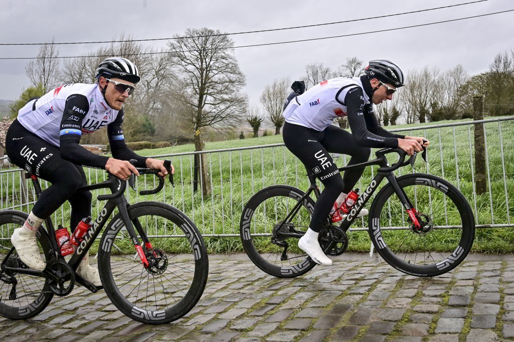 Italian Matteo Trentin of UAE Team Emirates and Slovenian Tadej Pogacar of UAE Team Emirates pictured during preparations of several teams on the track ahead of the Ronde van Vlaanderen Tour des Flandres Tour of Flanders cycling race Friday 31 March 2023 The 107th edition of the cycling race will take place on Sunday 02 April BELGA PHOTO DIRK WAEM Photo by DIRK WAEM BELGA MAG Belga via AFP Photo by DIRK WAEMBELGA MAGAFP via Getty Images