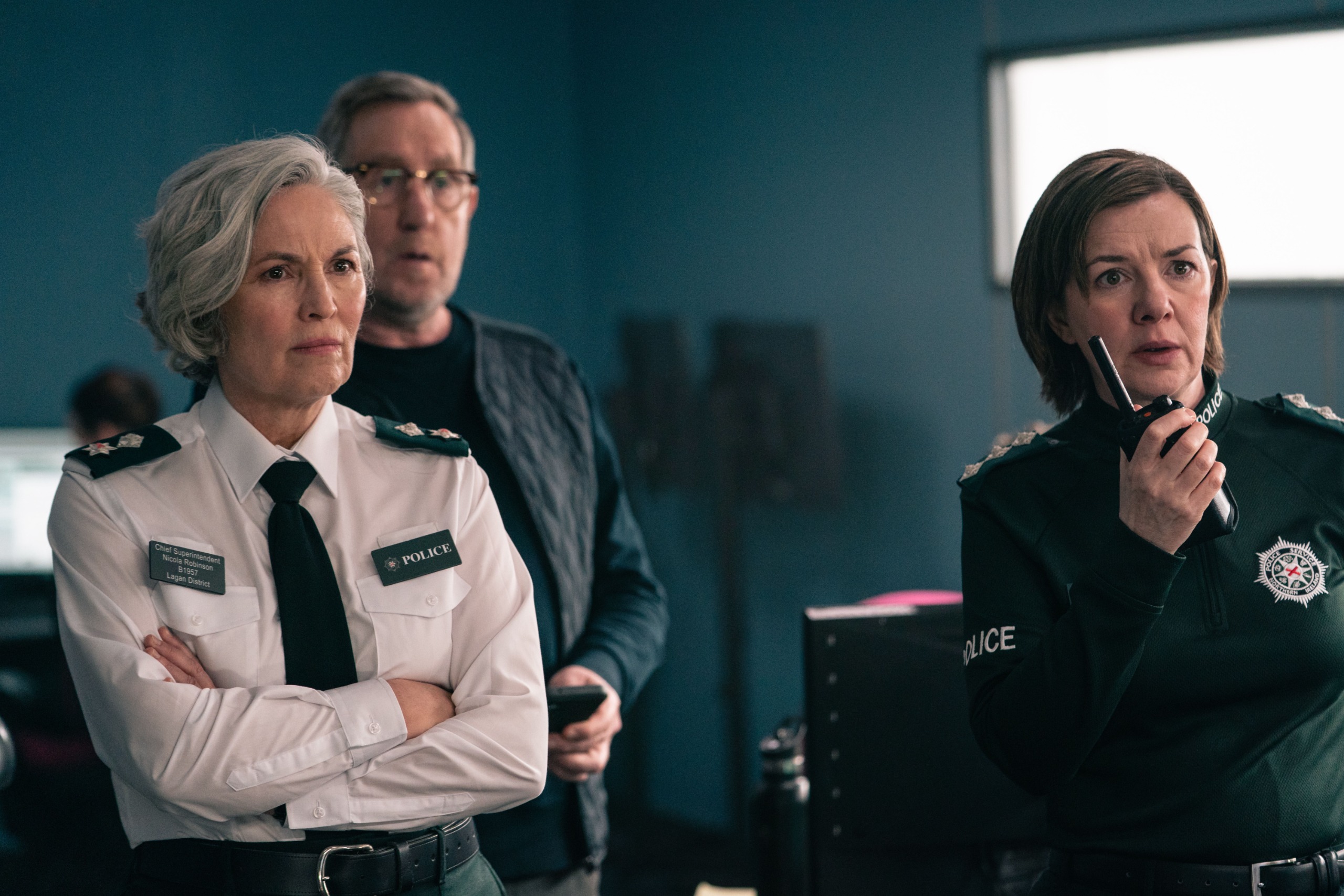 Nicola Robinson (ANDREA IRVINE);Paul &amp;ldquo;Colly&amp;rdquo; Collins (MICHAEL SMILEY);Helen McNally (JOANNE CRAWFORD) in Blue Lights