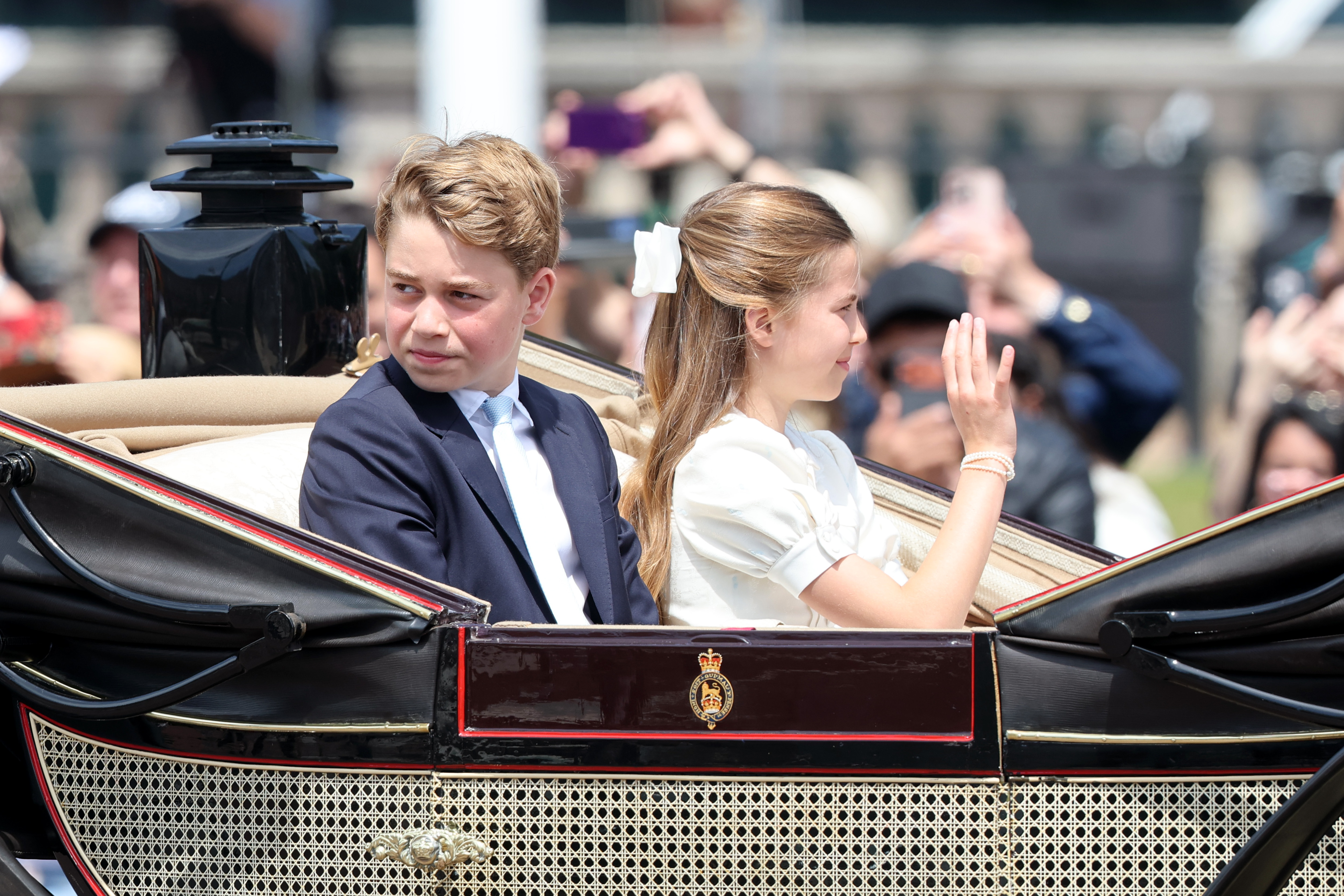 LONDON, ENGLAND - JUNE 13: Prince George of Wales and Princess Charlotte of Wales during Trooping The Colour on June 13, 2026 in London, England. (Photo by Chris Jackson/Getty Images)