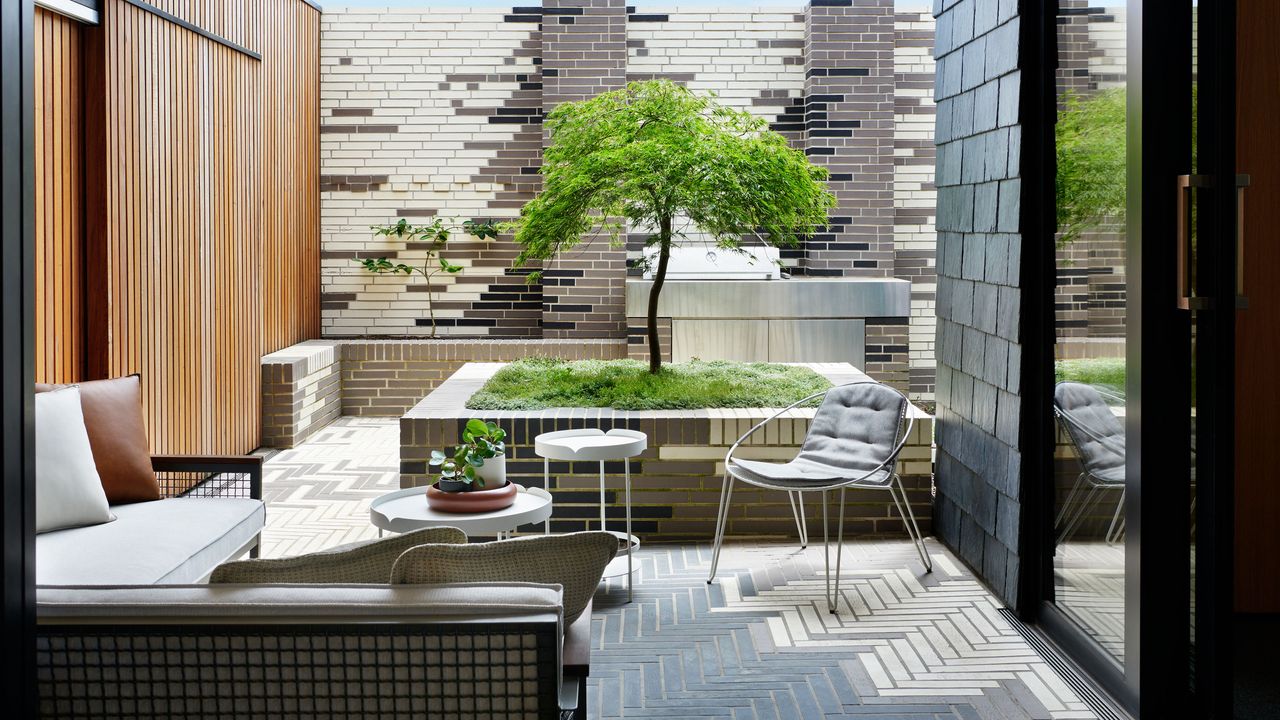 a small garden with a tree and an outdoor kitchen