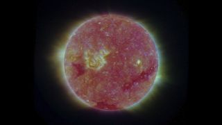 A pink three-dimensional image of the sun from NASA's STEREO satellites.