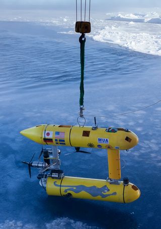The robot submarine ready for launch from an icebreaker offshore Antarctica.