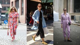 A composite of street style influencers showing how to style loafers with jumpsuits