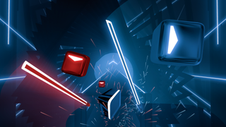 Slicing through red and blue blocks with two sabers in Beat Saber