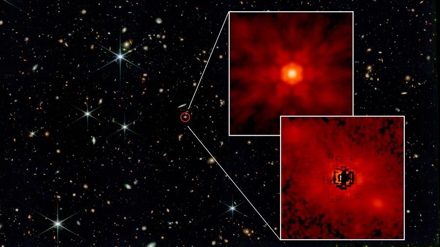 A James Webb Telescope image shows the J0148 quasar circled in red. Two insets show, on top, the central black hole, and on bottom, the stellar emission from the host galaxy.