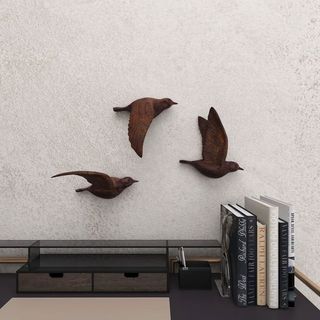 3 Piece Brown Polystone Metallic 3D Sculpted Bird Wall Decor Set