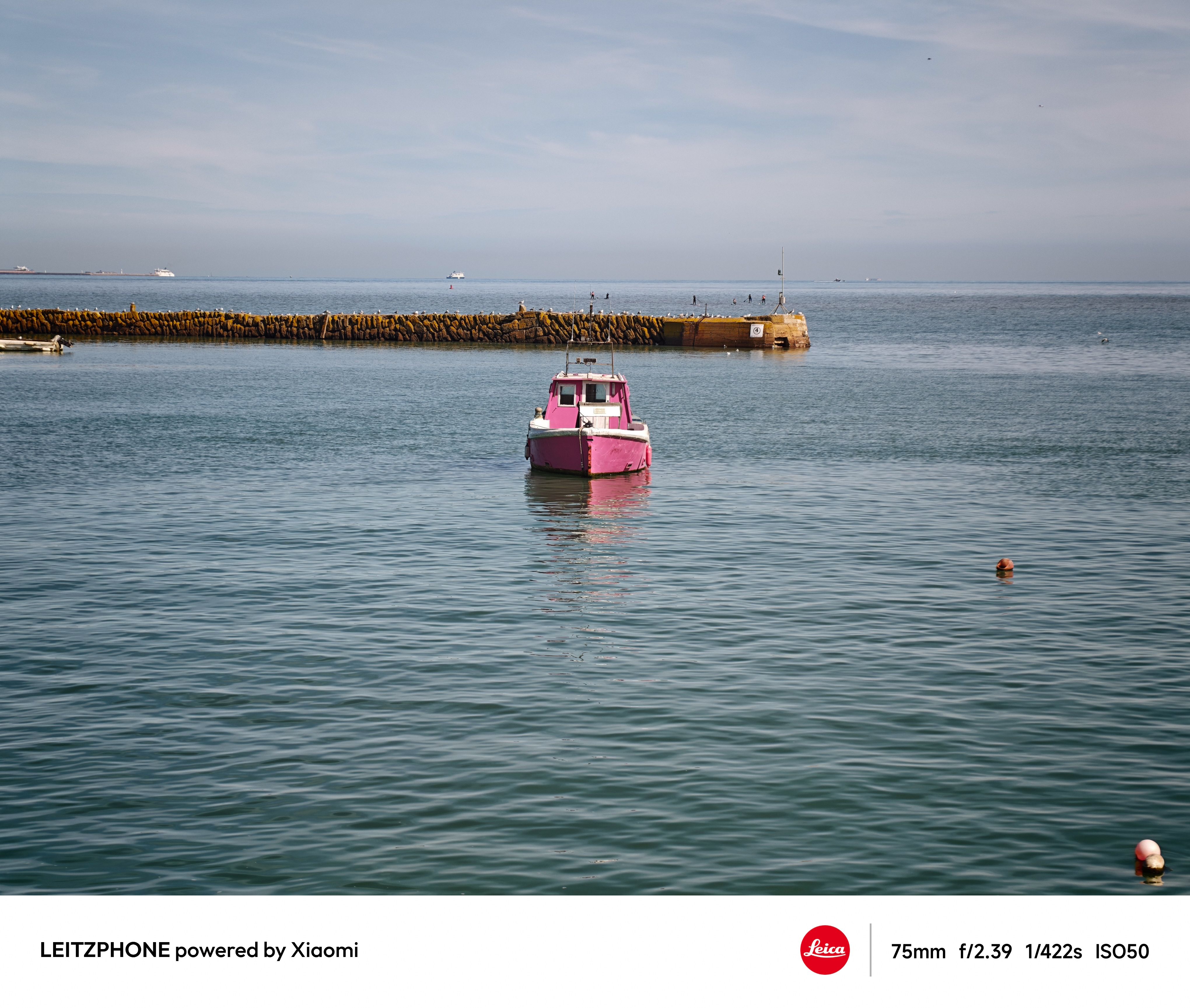 Closer view of a pink boat on still water