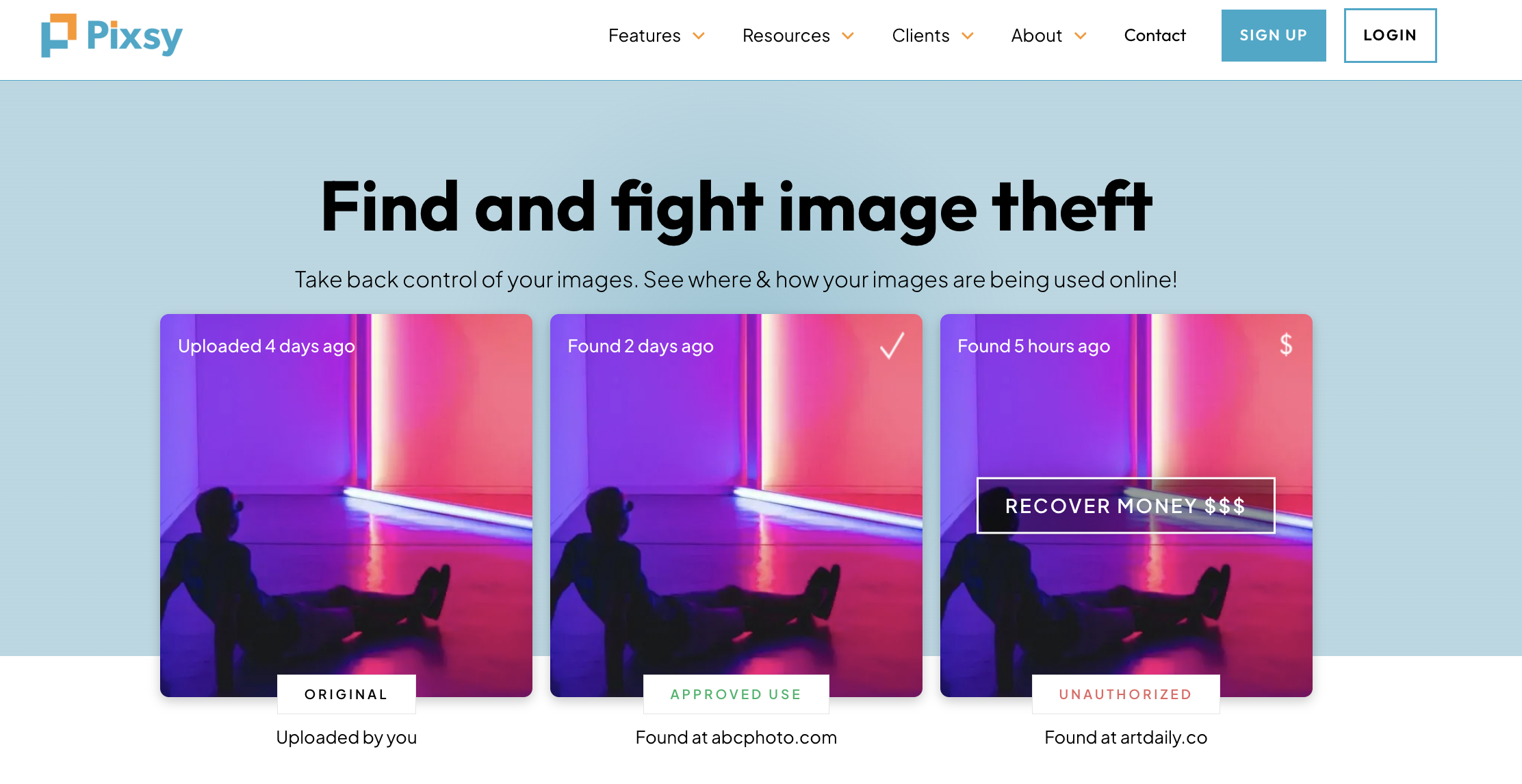 La página de inicio de Pixsy muestra tres paneles que describen sus servicios.