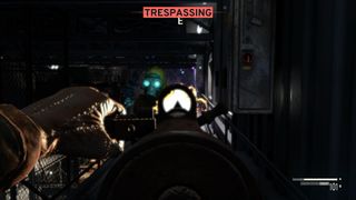 In a dark industrial complex in Atomfall, lit only by the flash of our rifle muzzle as we are "trespassing" and unloading on a gas mask wearing enemy in a hazmat suit