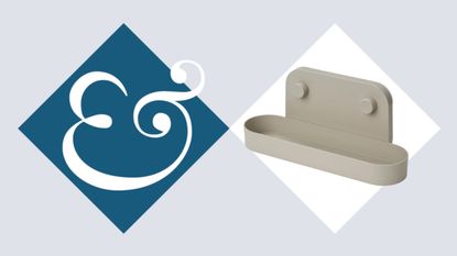 A greige IKEA stick on wall shelf with a shallow rim in a white diamond, with a dark blue diamond beside it with a white & inside.