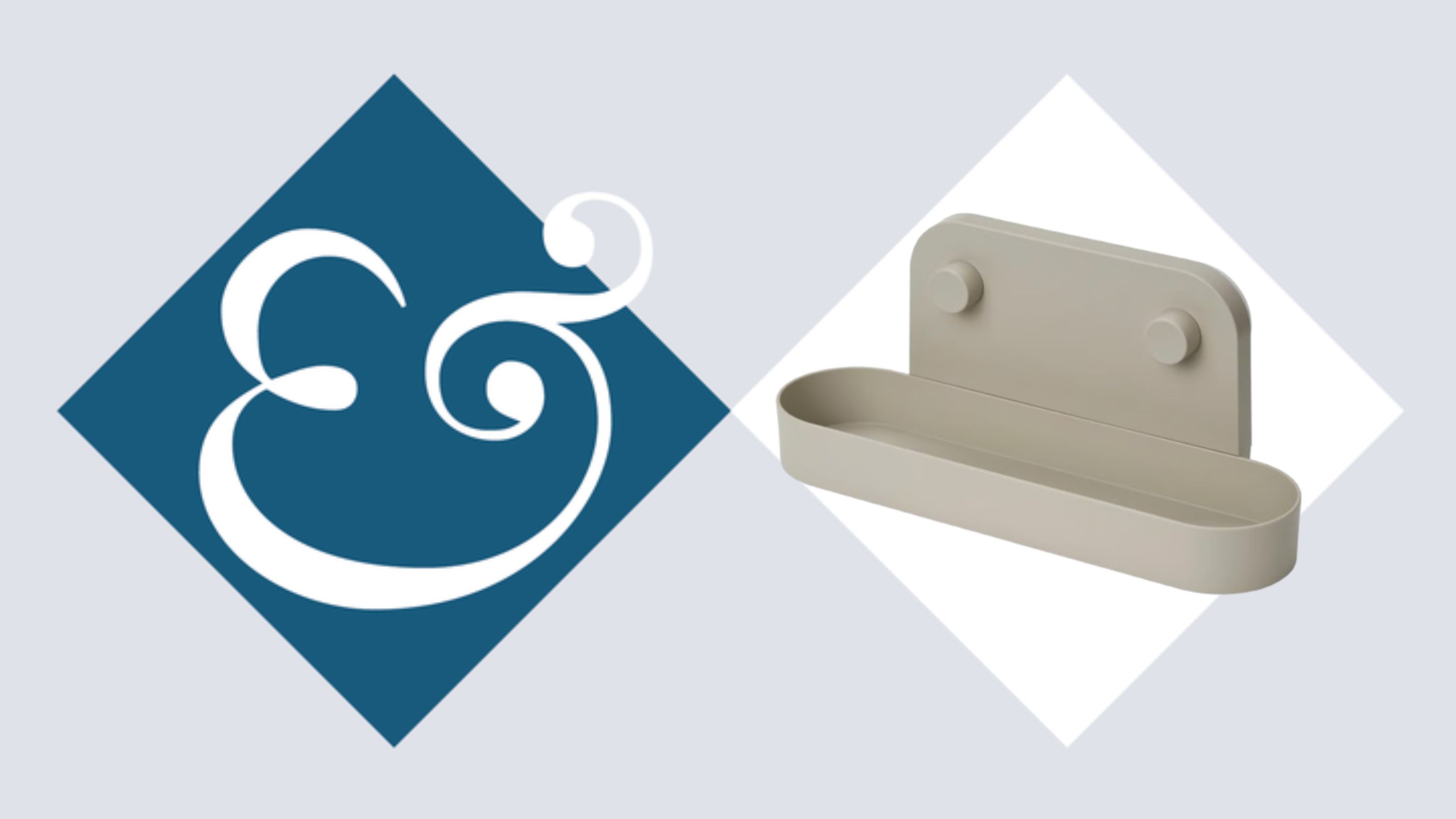 A greige IKEA stick on wall shelf with a shallow rim in a white diamond, with a dark blue diamond beside it with a white &amp; inside. 