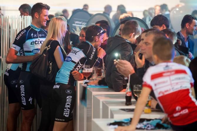 The riders mingle in the track centre