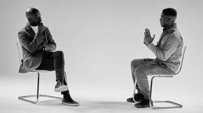 Black and white image of David Adjaye and Adam Pendleton in conversation