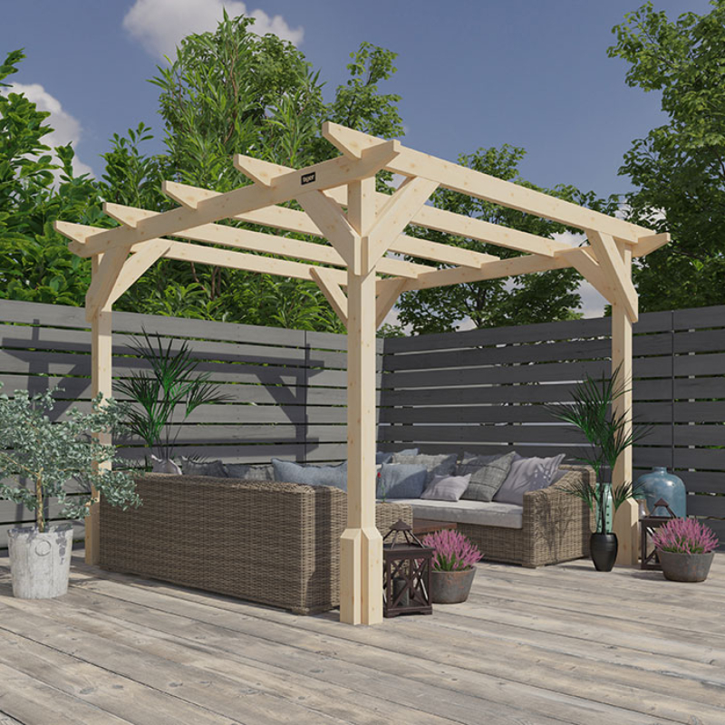 wooden pergola over seating and patio