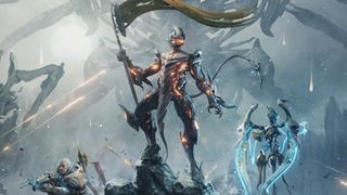 Key art for Warframe: The Old Peace, showing Uriel hoisting a banner on a Tau battlefield while flanked by sentient child Adis and a Grineer trooper.