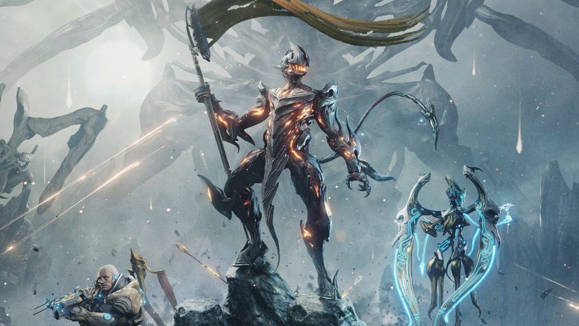 Key art for Warframe: The Old Peace, showing Uriel hoisting a banner on a Tau battlefield while flanked by sentient child Adis and a Grineer trooper.