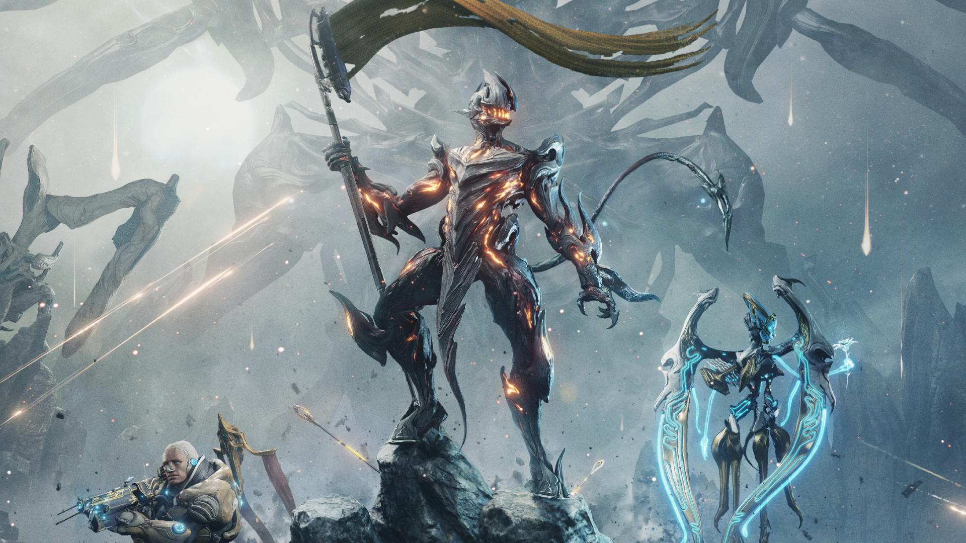 Key art for Warframe: The Old Peace, showing Uriel hoisting a banner on a Tau battlefield while flanked by sentient child Adis and a Grineer trooper.
