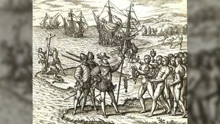 A black and white engraving of a group of armed and armored men standing on the shore speaking to many naked men. Large ships sail in the background.