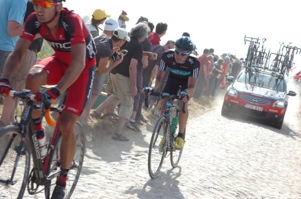 Edvald Boasson Hagen (Team Sky) riding the cobbles of stage three.
