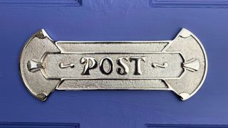 silver letterbox in blue door