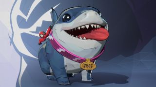 Marvel Rivals accessories: Jeff the Land Shark smiling with his tongue out, with his unique Deadpool Plush accessory hanging on his back.