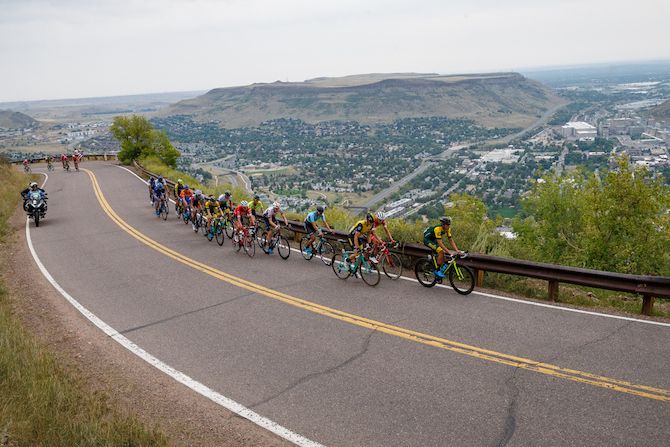 A front group makes its way up Lookout Mountain during stage 3 of the 2018 Colorado Classic