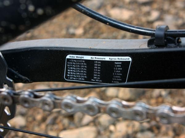 Recommended pressure settings are conveniently displayed on the inside of the non-driveside chain stay.