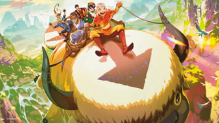 Aang and his friends riding on Appa, a flying Bison