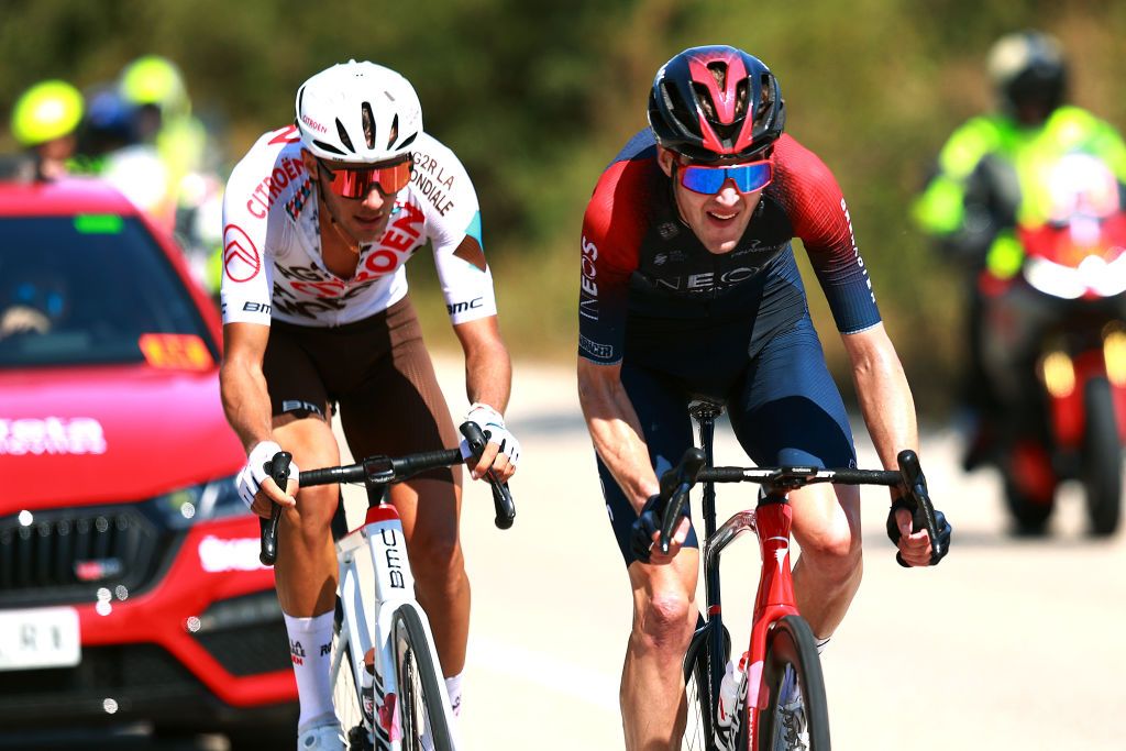 VILLARCAYO SPAIN AUGUST 04 LR Bastien Tronchon of France and Ag2R Citroen Team and Pavel Sivakov of Russia and Team INEOS Grenadiers compete in the breakaway during the 44th Vuelta a Burgos 2022 Stage 3 a 156km stage from Quintana Martn Galndez to Villarcayo on August 04 2022 in Villarcayo Spain Photo by Gonzalo Arroyo MorenoGetty Images