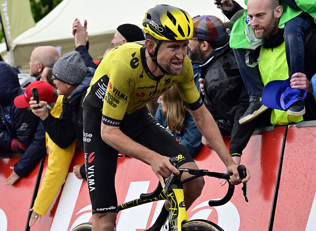 Belgian Tiesj Benoot of Team Visma-Lease a Bike pictured in action during the men's race of the 'La Fleche Wallonne', one day cycling race (Waalse Pijl - Walloon Arrow), 205,2 km from Ciney to Huy, Wednesday 23 April 2025. BELGA PHOTO DIRK WAEM (Photo by DIRK WAEM / BELGA MAG / Belga via AFP)