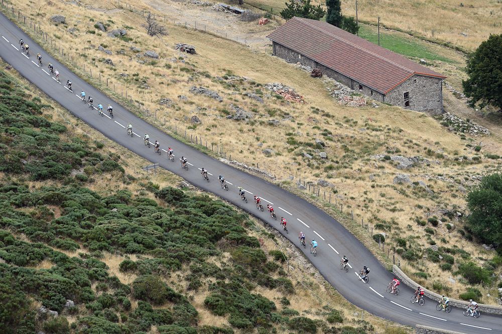 The peloton rolls through the French countryside during stage 15.
