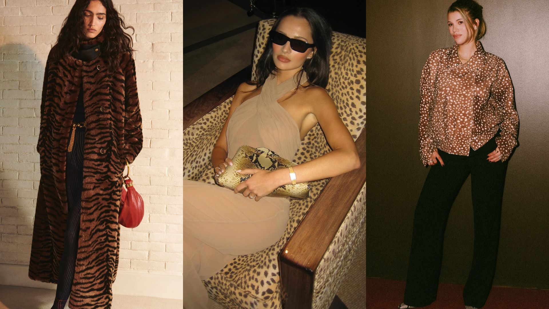 A collage of the biggest animal print trends of 2026, including deer, leopard and tiger prints. 